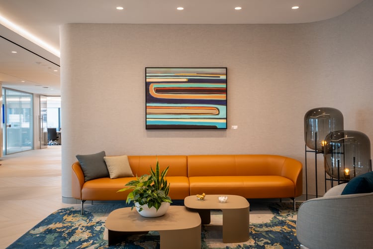 Contemporary framed art in the new Robinson+Cole Boston office lobby. Kelly Kelly, "On the Rise"